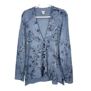 Chico's 3 Size Extra Large Button Up Cardigan Sweater Blue Floral Long Sleeve
